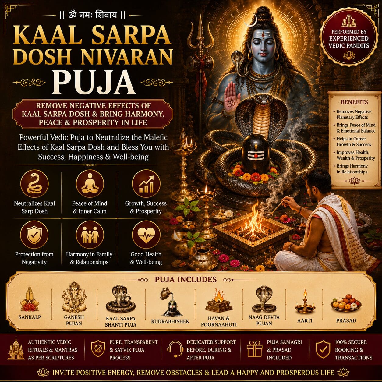 Kaal Sarpa Dosh Nivaran Puja | Relief from Kaal Sarpa Dosha Kaal Sarpa Dosh Nivaran Puja performed by experienced Vedic pandits for relief from Kaal Sarpa Dosha, peace, prosperity, and Lord Shiva's blessings