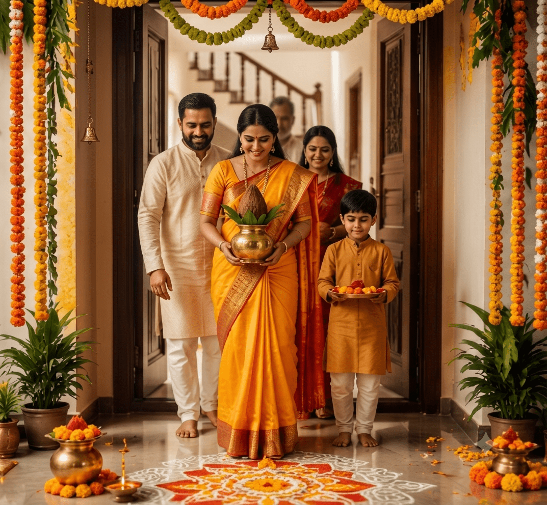 Family entering new home with puja rituals