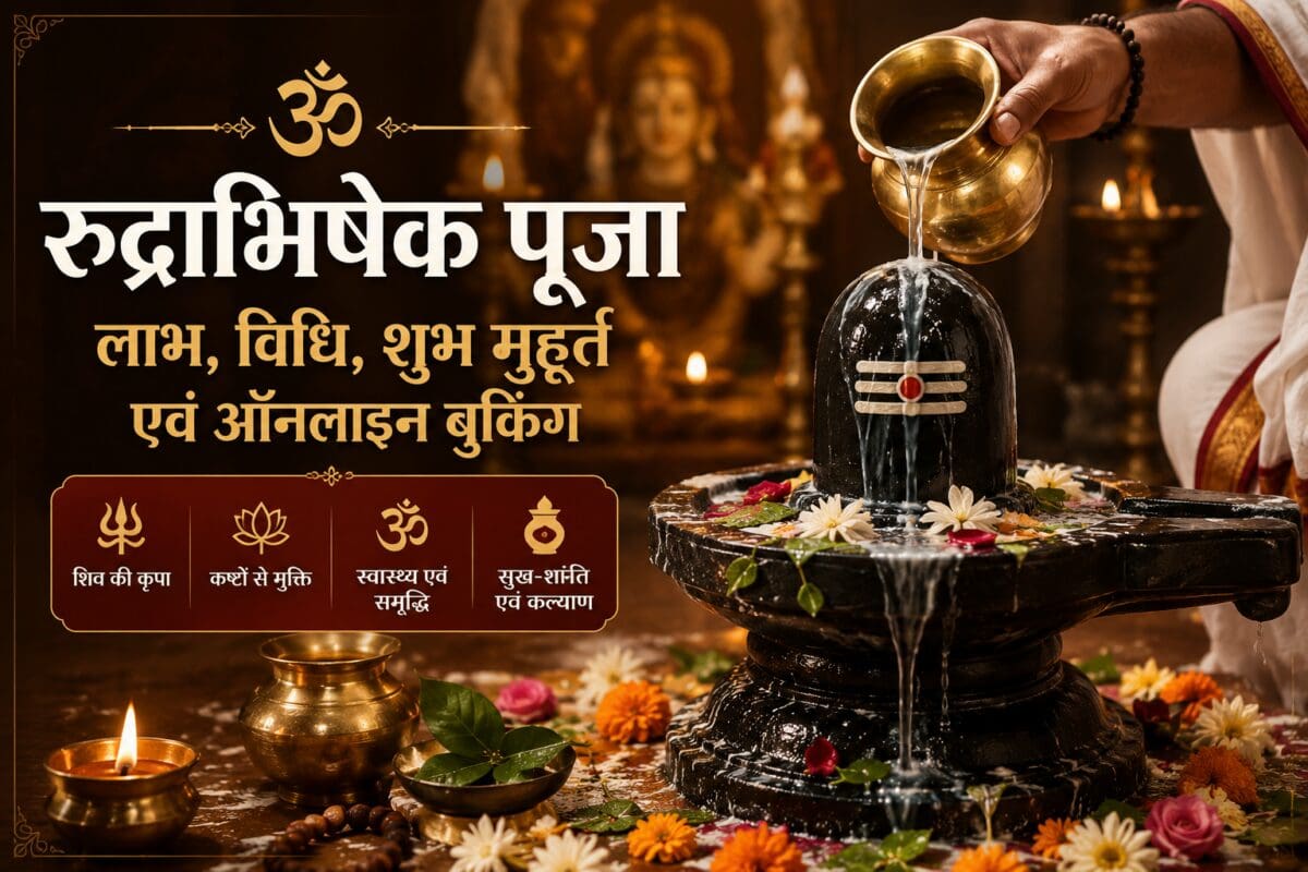 भगवान शिव के शिवलिंग पर कलश से जल अभिषेक करते हुए रुद्राभिषेक पूजा